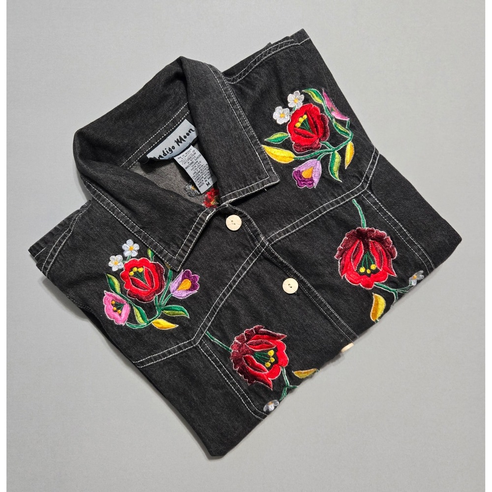 Indigo Moon Floral Embroidered Denim Shirt Womens Medium Black Long Sleeve